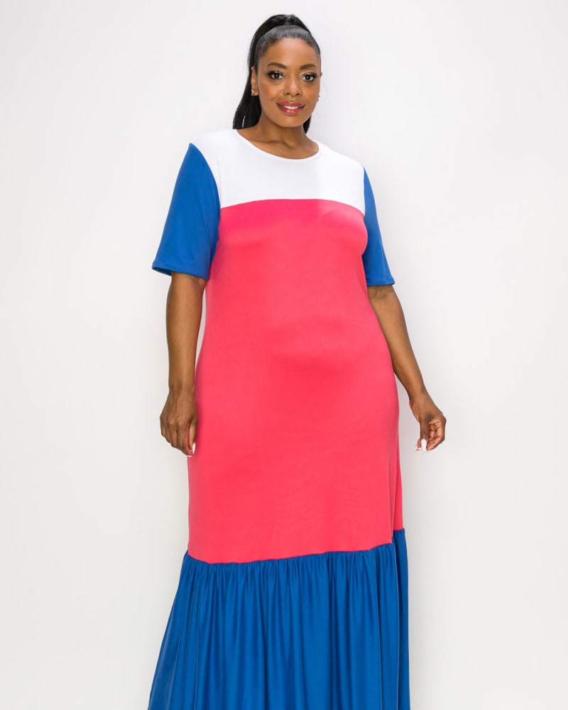 Front of a model wearing a size 1X Ami Colorblock Maxi Dress in Indigo/White/Strawberry by L I V D. | dia_product_style_image_id:240420